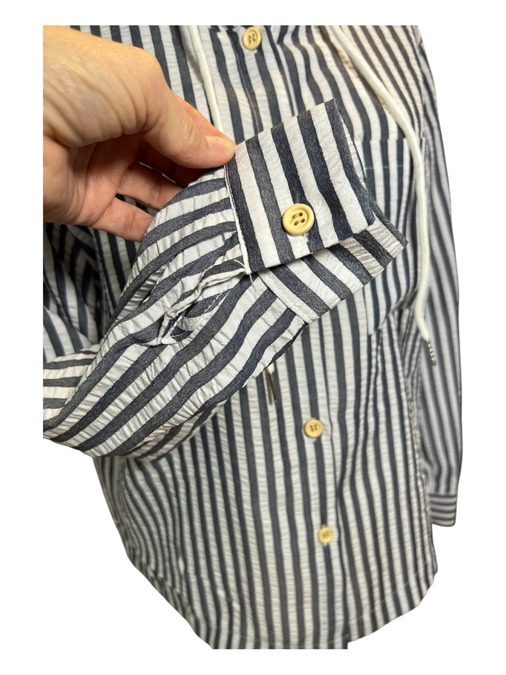 NWOT grayish blue & white striped hooded button-up shirt jacket | size S - Picture 4 of 10